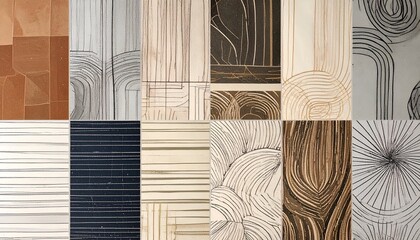 A collage of varied textures and patterns, utilizing lines, woodgrain, and geometric shapes
