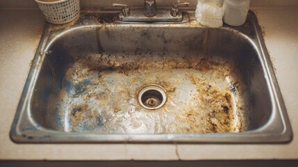 dirty kitchen sink next to a stove