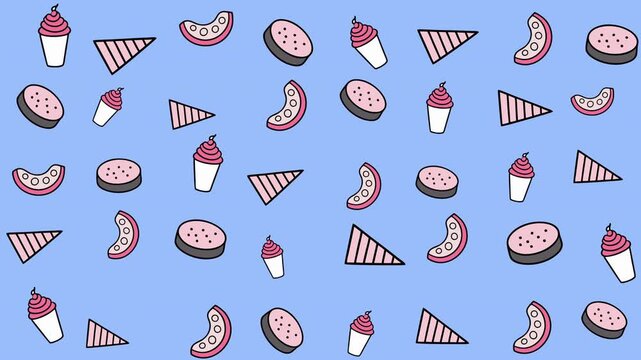 Dessert pattern with ice cream triangles, crescent moons, and cakes. Perfect for summerthemed designs, party invitations, and stationery.
