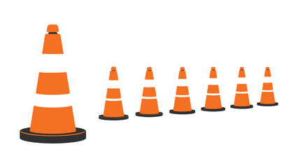 A row of orange traffic cones are lined up on a white background.