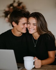 Young Couple Smiling Together Indoors With Laptop and Coffee Cup Natural Light