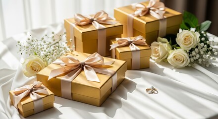 Gift boxes with ribbons and white roses on a table with soft natural light