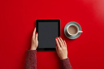 Top-down view of hands holding a tablet next to a cup of tea on a red surface.