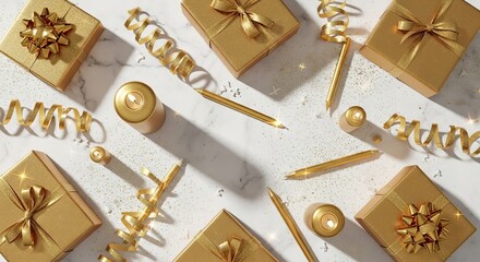 Golden gifts and decorations arranged artistically on white surface with festive shadows