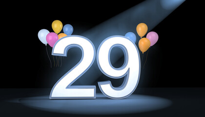 Number 29 in the spotlights with balloons in the background. Festive scene for birthday or anniversary party