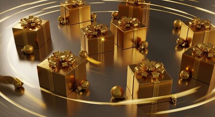 Golden gift boxes arranged in a circular pattern on a reflective surface with ornate bows and metallic accents