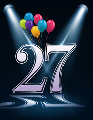 Number 27 in the spotlights with balloons in the background. Festive scene for birthday or anniversary party