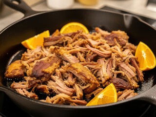 Delicious pulled pork with orange slices in a cast iron skillet