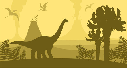 Silhouette of dinosaurs on nature landscape - mountains, trees and prehistoric ferns. Vector illustration with ancient parasaurolophus and pterodactyls.