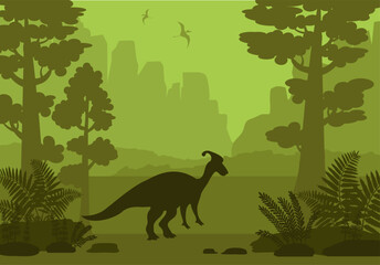 Silhouette of dinosaurs on nature landscape - mountains, trees and prehistoric ferns. Vector illustration with ancient parasaurolophus and pterodactyls.