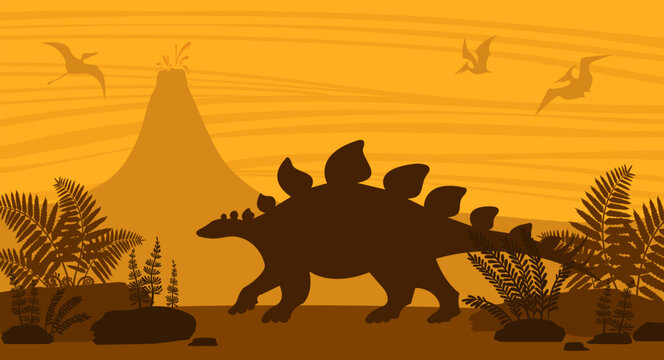 Vector illustration with ancient stegosaurus and pterodactyls. Silhouette of dinosaurs on nature landscape - eruption volcano and prehistoric ferns.