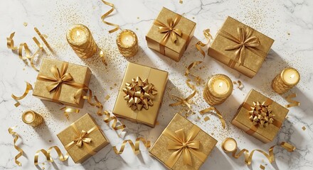Golden gift boxes and candles on a marble surface with celebratory decorations