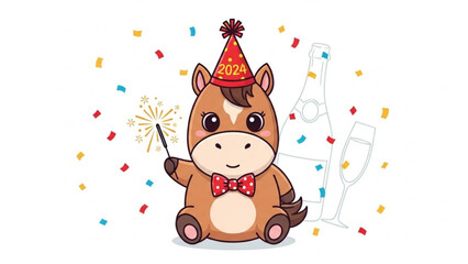 Naklejka premium A cute brown horse wearing a red 2024 party hat and bow tie holding a sparkler surrounded by colorful confetti and champagne bottle and glass