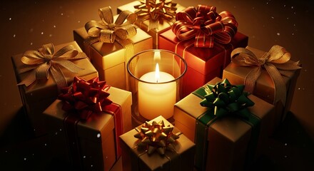 Gift boxes surrounding a lit candle in a festive holiday setting with bows and decorations