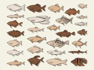 hand drawn cute cartoon vector illustration set of ornamental fish.