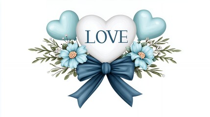 White Heart With The Word Love Surrounded By Blue Hearts And Flowers With A Blue Bow