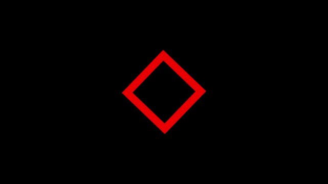 A minimalist geometric illustration featuring a single red diamond shape outline rotated forty-five degrees centered on a solid black background for design.
