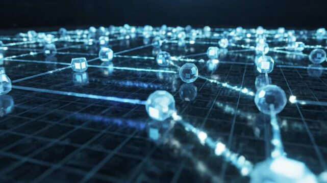 Glowing network node digital grid blue light connection data flow glowing network nodes glass sphere connected grid digital connection blue light futuristic glowing blue network of connected glass