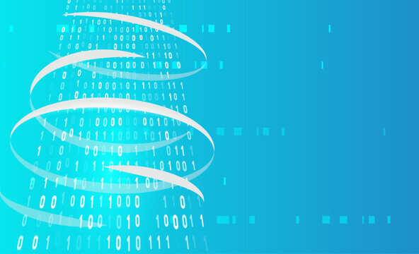 Vibrant blue background with white swirling ribbons and cascading binary code, featuring the numbers 0, 1. Ideal for digital technology and data concept designs.