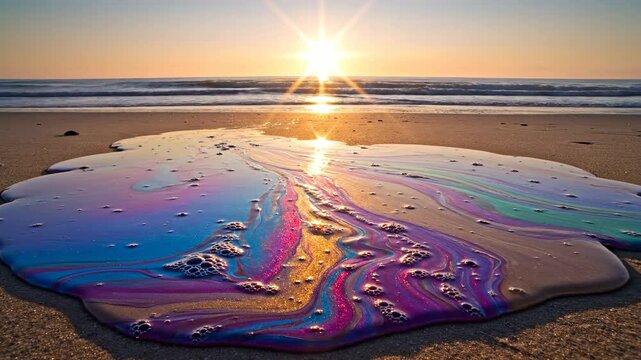 An iridescent oil slick creates a vibrant rainbow of colors on a sandy beach as the sun sets over the ocean, highlighting environmental pollution