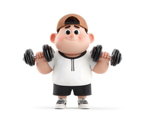 3D cute cartoon chubby athlete character lifting dumbbells with strength and determination in a gym, for fitness motivation and body positive wellness campaigns