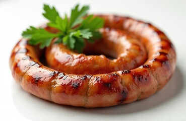 Coiled grilled sausage with fresh parsley sprig rests on a clean white surface. This appetizing meat product looks juicy and well cooked, ready for a delicious meal.
