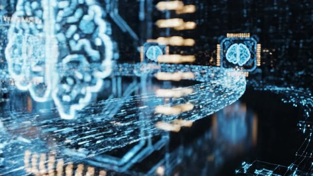 Holographic brain floating above circuit board with glowing blue data stream neural network artificial intelligence circuit board data stream holographic brain technology glowing blue connection AI