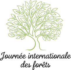 Obraz premium International Day of Forests illustration, green tree line art, environmental awareness, nature conservation concept, eco friendly design isolated white background