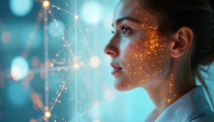 Woman profile with glowing digital particles on face. Futuristic science and data network connection visualization. Bright light effect with bokeh. Abstract technology concept.