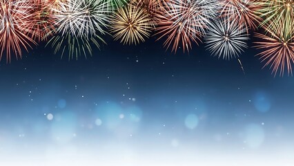 Vibrant fireworks exploding in night sky with sparkling bokeh lights