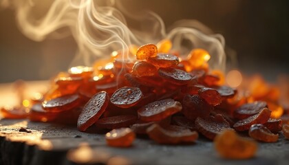 Agarwood chips release fragrant smoke. Amber resin drops glisten on woody texture. Still life captures warm aroma for meditation or luxury perfume.