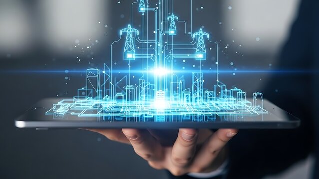 Businessman holding a tablet displaying a glowing blue holographic projection of a smart city grid connected to electrical power transmission towers for future energy concepts