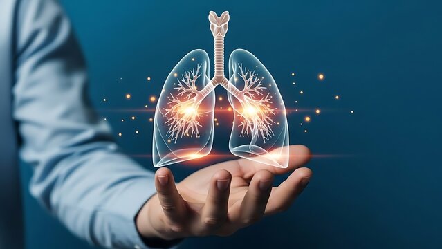 Doctor or scientist presenting a glowing holographic human lung organ model floating above an open hand against a dark blue background symbolizing respiratory health innovation