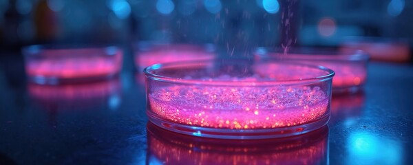 Glowing bacteria cultures in petri dishes with pink and blue lights. Scientific research and experiments in a lab setting. Microbiology studies and analysis.