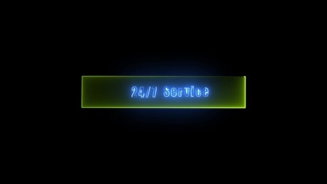 A professional neon glowing illustration featuring twenty-four-seven service text in bright blue light within a green neon frame on dark background.

