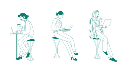 Obraz premium Minimalist teal line art illustration of a woman in various poses working on a laptop. Ideal for remote work, freelance career, office productivity, and female entrepreneur projects
