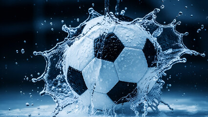 Naklejka premium Soccer ball splashing in blue water with dark background sport