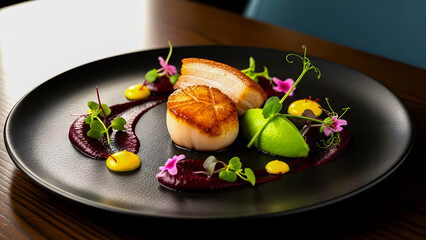 Perfectly seared sea scallop paired with rich pork belly and vibrant garnishes presents an exquisite fine dining appetizer beautifully plated on a dark matte dish suggesting upscale culinary creation.