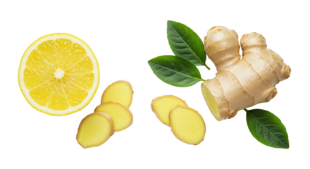 A vibrant yellow lemon wedge, whole ginger root, delicate slices, and fresh green leaves on a transparent background with ample copy space, soft diffused studio lighting, Concept for natural