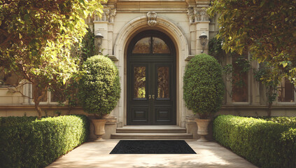 An ornate building entrance with a dark wooden door and manicured greenery