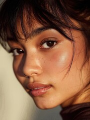 Close-up of a young woman with a contemplative expression, highlighted by warm lighting.