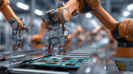 Automated robotic arms assembling electronics in a modern industrial factory setting.