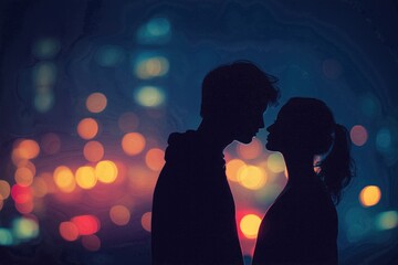 Silhouetted couple sharing a tender moment against bokeh city nightscape.