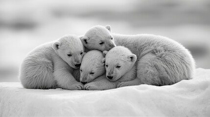 Three polar bear cubs huddling together in snow