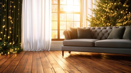Cozy living room with a plush sofa, warm wooden floor, glowing lights, and a decorated Christmas tree