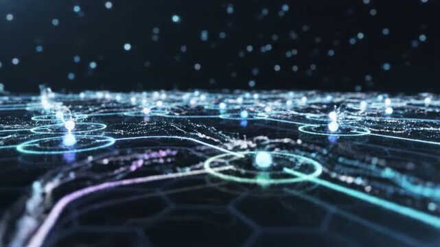 Glowing network node digital map data connection futuristic grid blue light technology glowing circuit node network grid blue light digital map data flow futuristic interface glowing network node