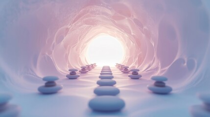 Serene tunnel with stacked stones