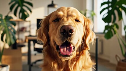 A contented Golden Retriever dog with a joyful expression, sitting in a bright, modern home office surrounded by lush green plants, embodying warmth and companionship