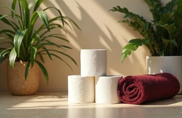 Three toilet paper rolls stacked neatly. A rolled burgundy towel rests beside them. Two potted green plants are in background. Soft light creates shadows.