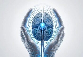 Hands hold a digital brain with glowing elements for security and technology Generative AI